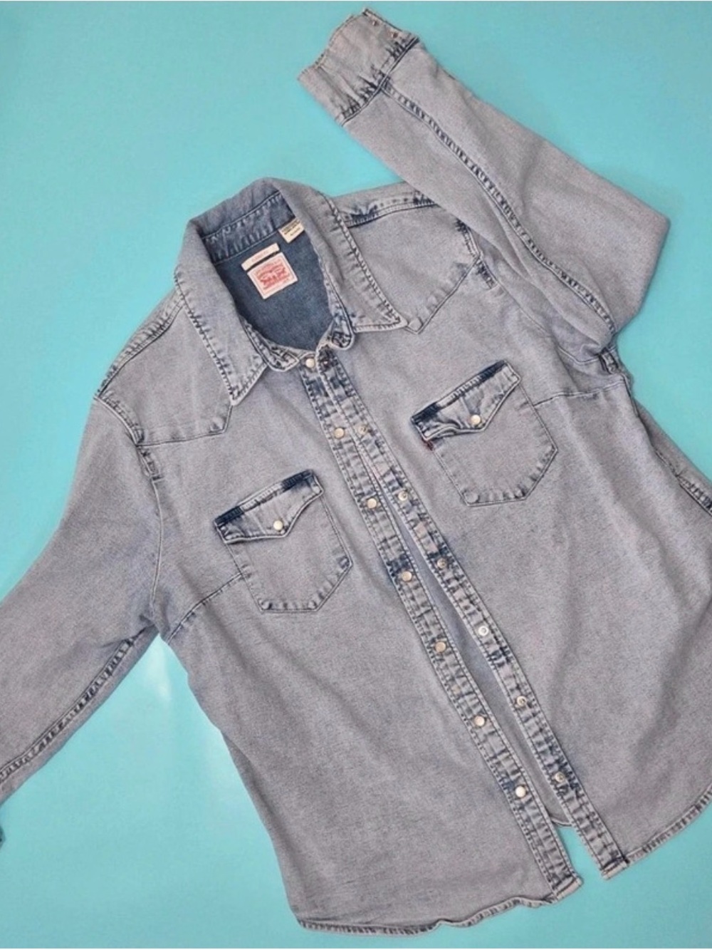 Levi's light blue denim shirt with red logo patch #cotton #distressed #denim XL